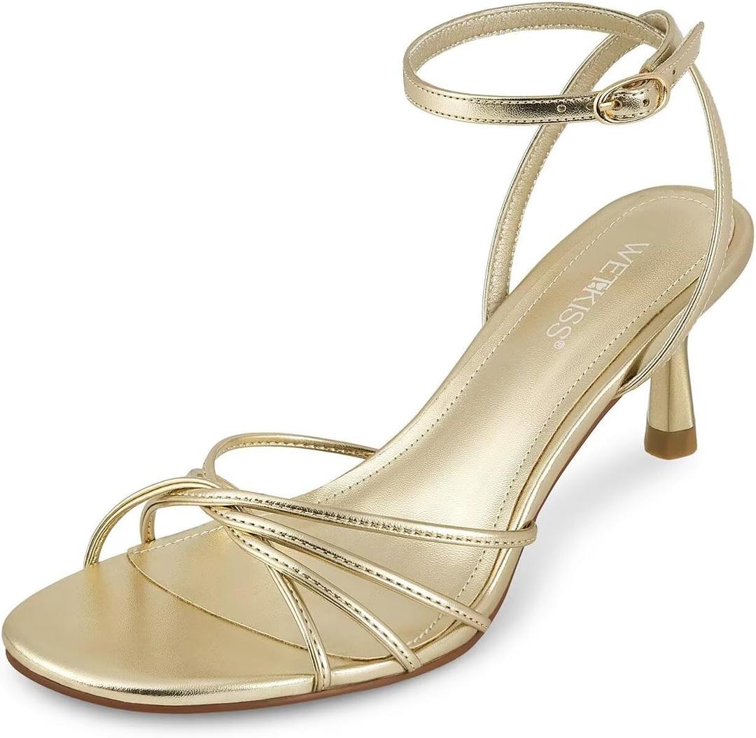 wetkiss Womens Sandals Round Open Toe Kitten Heels Adjustable Ankle Strap Low Heels Heeled Sandals for Women Summer Dress Shoes Not Suitable for Wide Feet (8, Gold)