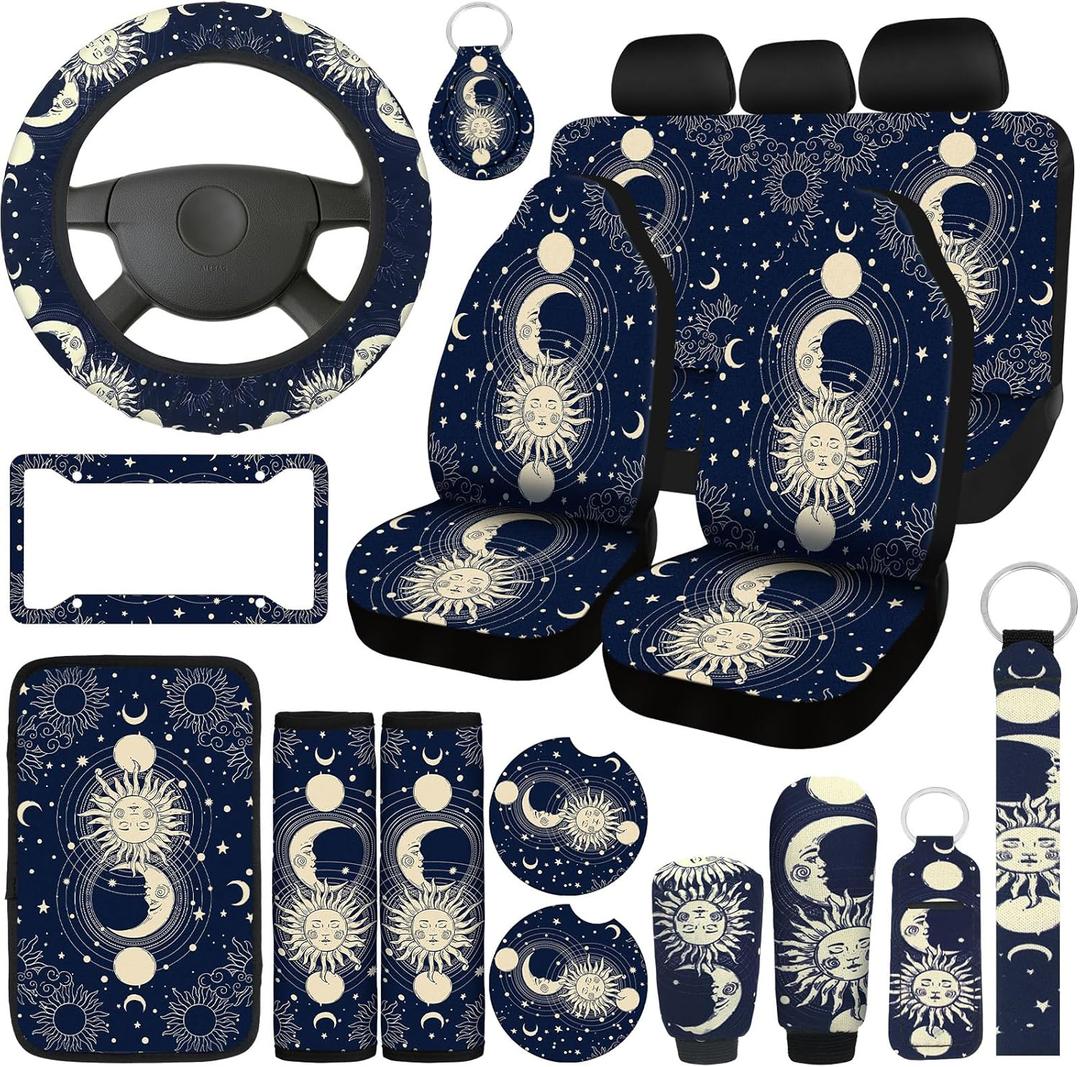 Estune 19 Pcs Moon Stars Sun Car Seat Covers, Full Set Accessories Steering Wheel Cover Front Rear Headrest Armrest Belt Cup Holder Keychains Wrist Strap for Cars SUV LAN-Estune-870