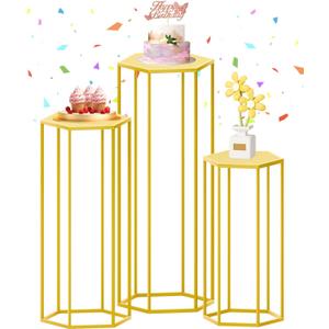 Hexagon Pedestal Stand Set of 3 Gold Cylinder Stands for Party Metal Cylinder Pedestal Stands Tall Cake Table Stands Cylinder Tables for Parties Cilindros Para Fiestas for Birthday Party Decor