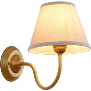 Vintage Curved Arm Fabric Wall Sconce with Linen Cloth Shade, Hardwired Indoor Single Sconce Light Wall Mounted Lamp for Bedroom Living Room Stairs Hallway