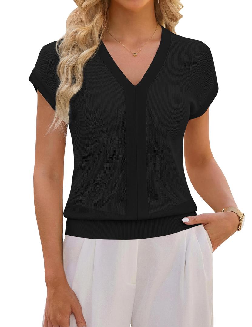 Blooming Jelly Women Short Cap Sleeve Sweater Business Casual Blouses Black (S)