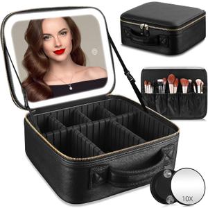 Travel Makeup Bag with Mirror of LED Lighted, Makeup Train Case with Adjustable Dividers, Makeup Case with Mirror and Detachable 10x Magnifying Mirror (Black)
