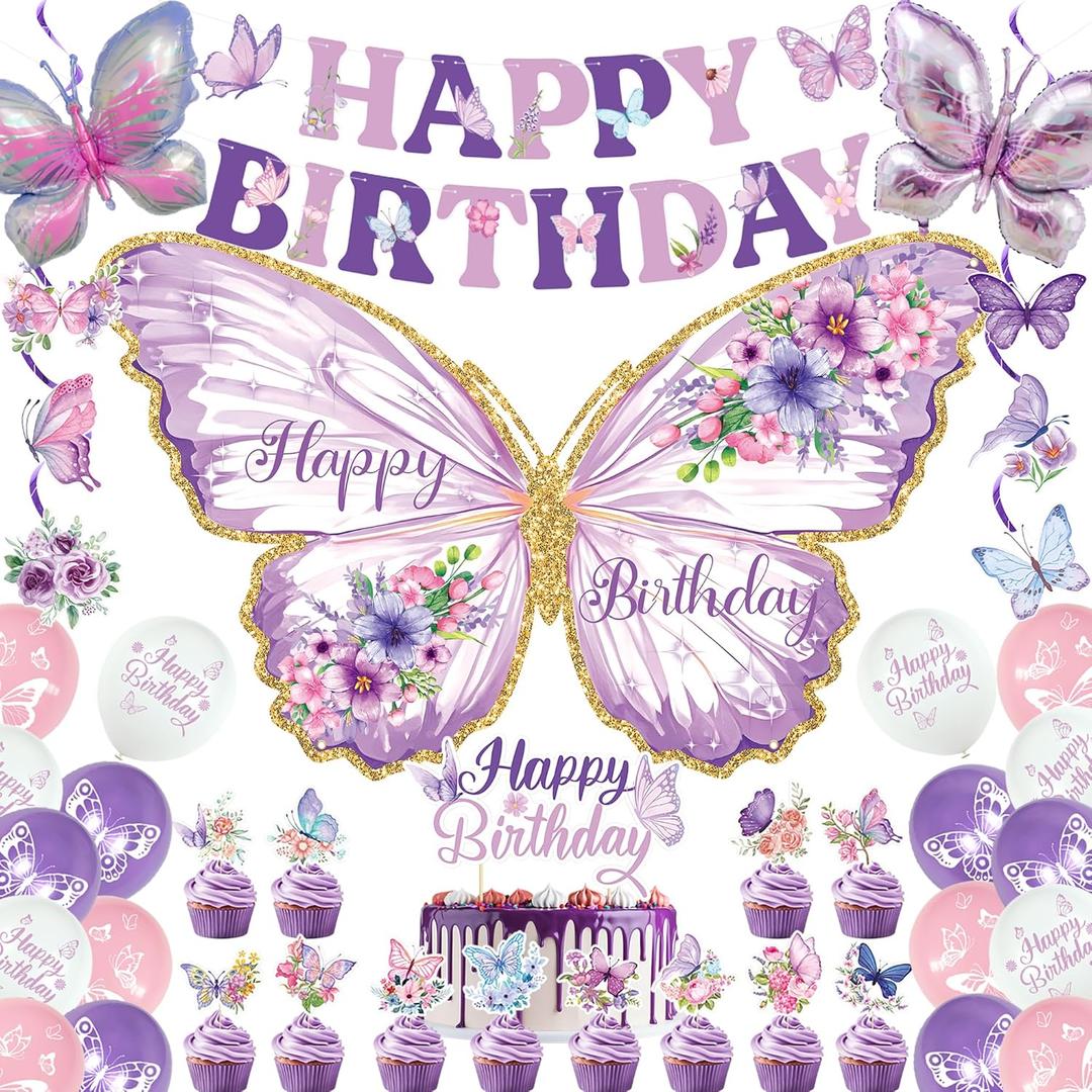 Roetyce Butterfly Birthday Decorations, Purple Happy Birthday Banner Backdrop Balloons Hanging Swirls Cake Topper for Home Party, Girls Women Butterfly Themed Party Suppiles Photo Background