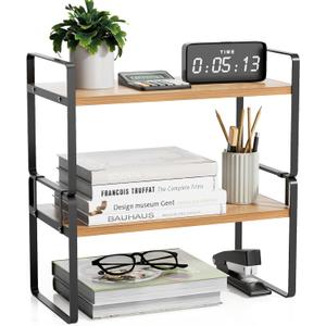 YGYQZ Desk Shelf Organizer for Top of Desk, Detachable 2 Tier Desktop Bookshelf, Wooden Desk Shelves Storage Rack, Small Desktop Shelf for Office Home Dorm, Tabletop Desk Organizer Stand (Black Wood)