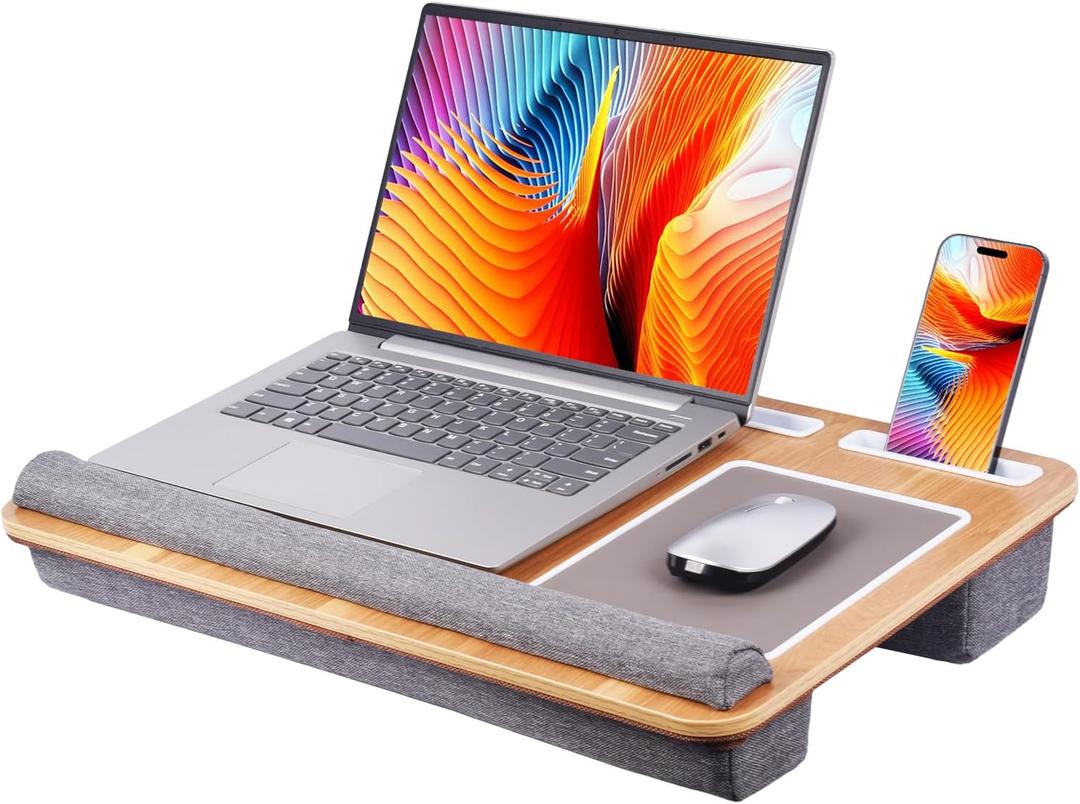Home Office Lap Desk with Wrist Rest Wrist Rest, Mouse Pad, and Phone Holder Large Laptop Bed Desk for Notebook, Laptop, Tablet, Lap Stand Fits Up to 17 Inch Laptops (Woodgrain)