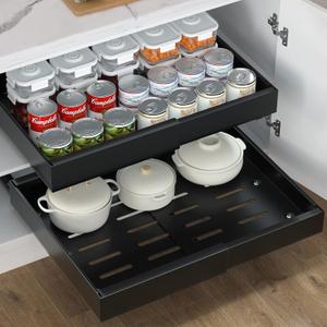 Pull Out Cabinet Organizer, Expandable(12.6"-20.47") Slide Out Drawers for Kitchen Cabinets, Cabinet Drawers Fixed with Adhesive Nano Film, Cabinet Roll Out Shelf in Pantry or Living Room, 16.54" Deep (1 Pack-Black)