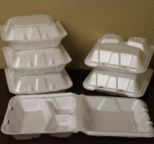 Foam Hinged Lid Carryout Containers Large, Three Compartment w/ Optional Lid Vents 9" X 9" X 3-1/4"