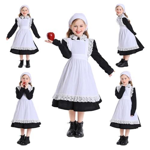 AVIFU Girls Colonial Dress Kids Pioneer Costume Prairie Bonnet Hat Pilgrim Apron Cosplay Accessories Full Set, XS