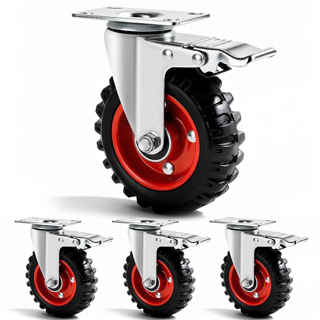5 Inch Caster Wheels Heavy Duty with Dual-Lock Safety Brake and Rubber Tire Wheels, Heavy Duty - 400 Lbs Per Caster for Workbench, Trolley, Cabinet, Swivel Rubber Wheel 4-Packs with mounting Hardware