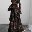 GothDark Womens Floral Maxi Dress Sheer Mesh Bell Sleeve Tiered Ruffle Gothic Romantic Casual Long Dresses (Black, M)