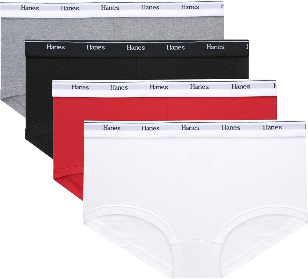 Hanes women's Originals Boyshort Underwear, Breathable Stretch Cotton Boyshort Panties, 4-pack (Large, Shelton Red/Concrete Heather/White/Black)
