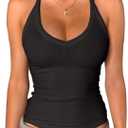 Danysu V Neck Racer Back Tank Top for Women Padded Ribbed Long Tank Fitted Basic Cami Tops XL