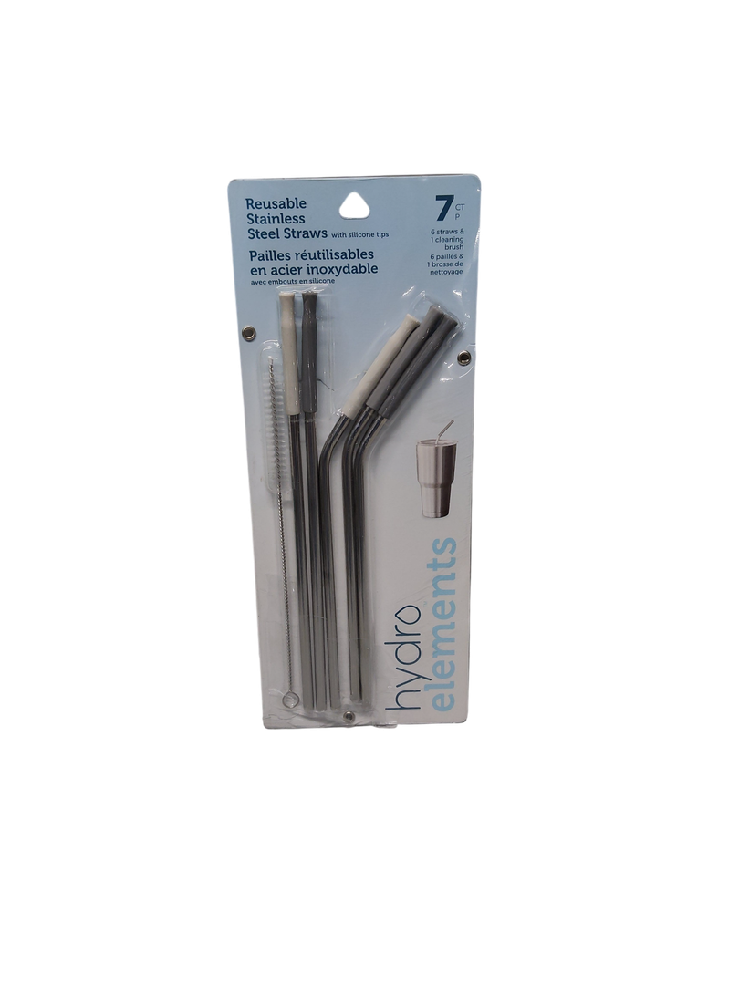 Hydro Elements Reusable Stainless Steel Straws with Silicone Tips. 6 Straws, 1 Cleaning Brush