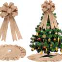 Civaner 2 Pcs Burlap Christmas Tree Topper with 39.4 Inch Ruffle Christmas Tree Skirt and 34 Inch Large Vintage Ribbon Bow Rustic Xmas Tree Ornaments for Wreath Party Holiday Farmhouse Home Decor