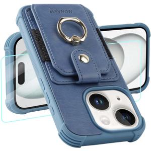 MONASAY Wallet Case Compatible for iPhone 15 Plus/14 Plus 5G 6.7 inch with 360 Rotation Ring Stand[Glass Screen Protector][RFID Blocking] Leather Phone Cover with Card Holder, Light Blue
