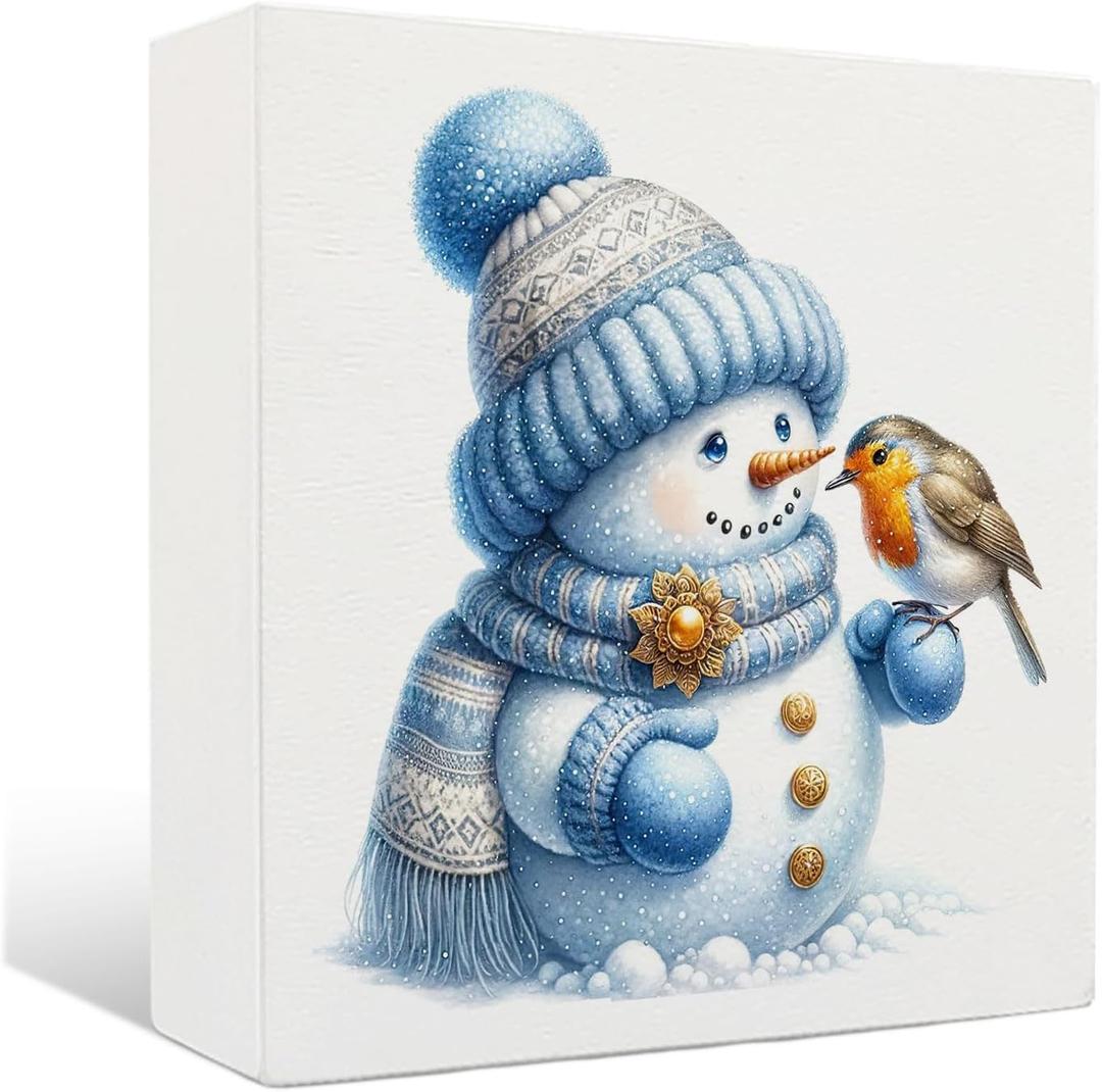 Winter Snowman Wooden Sign - Blue Christmas Snowman Decor, Winter Wooden Box Signs, Decorations Indoor Table Signs, 88 Inches