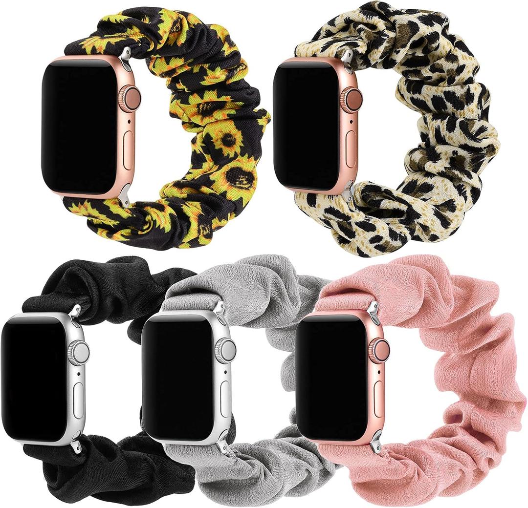 5 Packs Scrunchie Band Compatible with Apple Watch Series 10 (46mm) 9 8 7 (45mm) 6 5 4 SE (44mm) 3 2 1 (42mm), Women Bracelet Strap Compatible with iWatch 42mm(Series 3)/44mm/45mm/46mm, Small