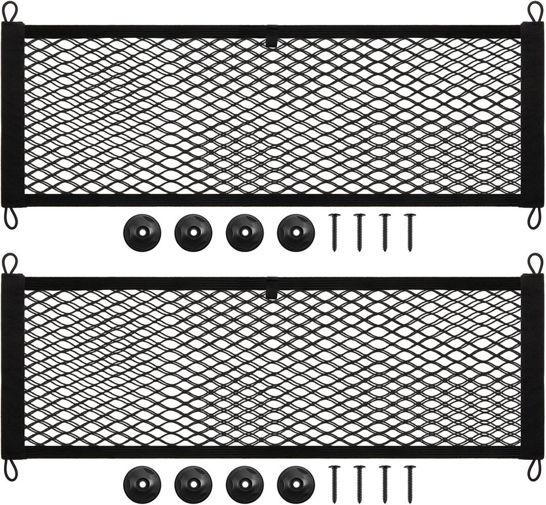 Frienda 2 Pieces Stretchable Small Cargo Net Pocket Storage Mesh Net Elastic Automotive Storage Pouch with 8 Pieces Mounting Screws and Hooks for Truck Car SUV Boats(29 x 9.8 Inches)
