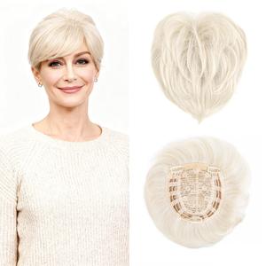 Short Hair Topper for Thinning Hair 5.5 Inch Short Pixie Cut Toppers Pieces Natural Curly Texture Synthetic Light Ash Blonde Wiglets Hairpieces (5.5 inch)