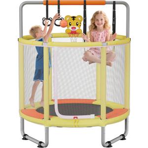 55" Trampoline for Kids, 440lbs Capacity ASTM-Approved Mini Toddler Trampoline with Safety Enclosure Net,4 in 1 Adjustable Gymnastics Bar & Toys, Indoor & Outdoor (Yellow)
