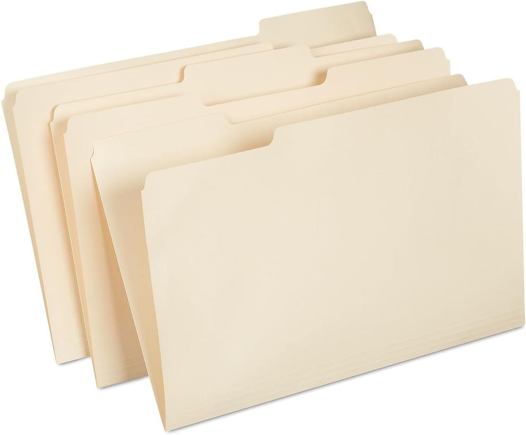 Staples Manila File Folders, Legal, 3 Tab, Assorted Position, 100/Box