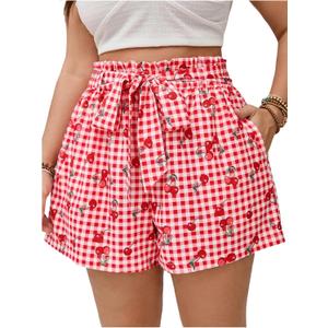 Verdusa Women's Plus Size Gingham Cherry Belted Shorts High Rise Summer Shorts with Pockets (Red, XL)
