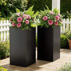 24" Metal Tall Planters Box for Outdoor Plants - Square Black 2Pack, 23.62"H x 11.81"W x 11.81"D