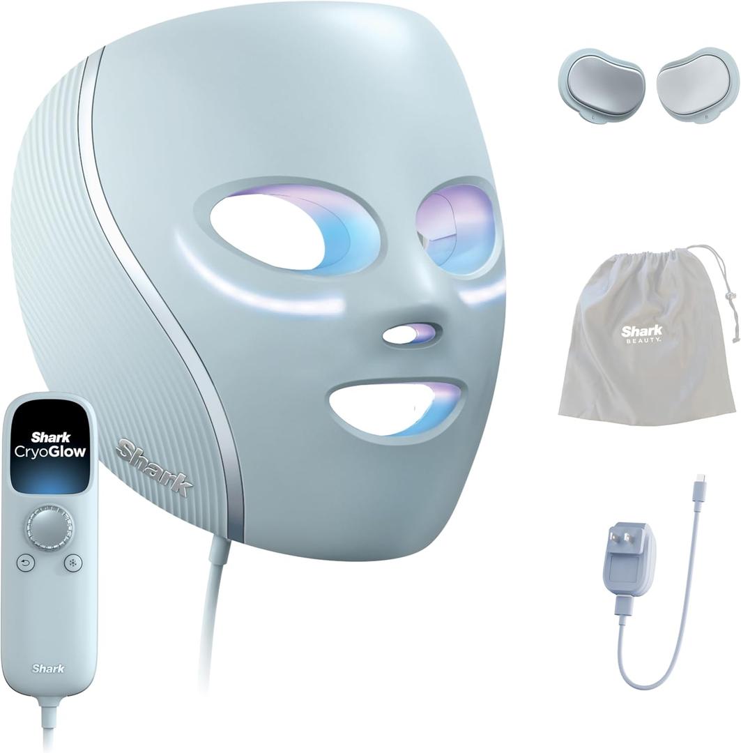 Shark CryoGlow LED Face Mask with Under-Eye Cooling, Anti-Ageing & Blemish Repair, Red & Blue LED, Infrared Light Therapy, USB-C, Remote Control, Storage Bag, Blue Frost, FW312
