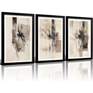 KHYEY 3 Piece Framed Abstract Floral Wall Art Set Neutral Beige Black Modern Canvas Prints 16x24 Inch Botanical Watercolor Artwork for Living Room Bedroom Bathroom Home Office Decor