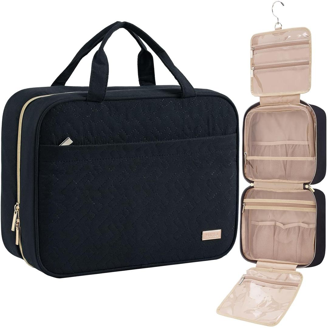  Travel Toiletry Bag for women, Portable Hanging Organizer for Full-Sized Shampoo, Conditioner, Brushes Set, Makeup Accessories, Large Size, Black