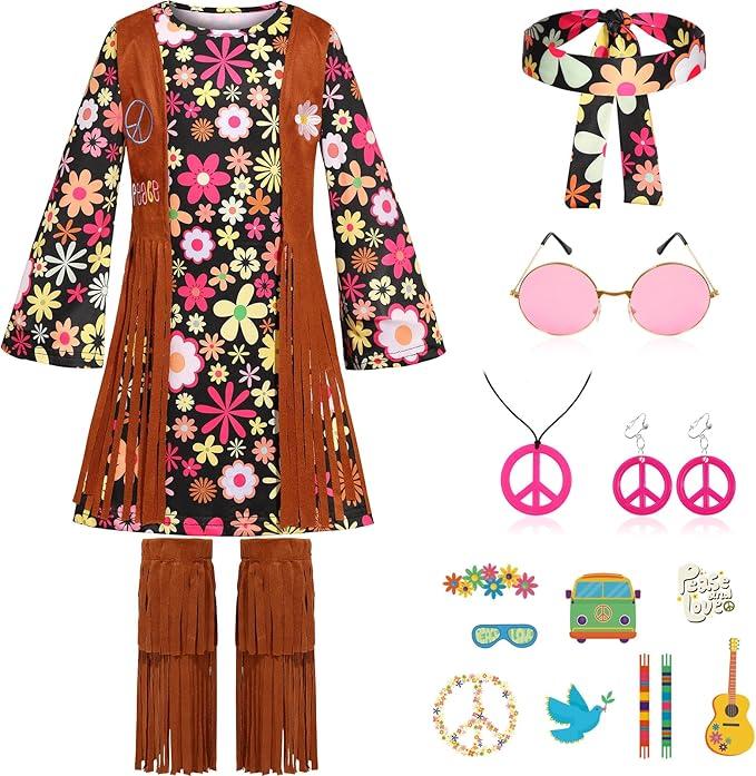 Girls Hippie Costume 60s 70s Outfits Halloween Party Dress Up, M