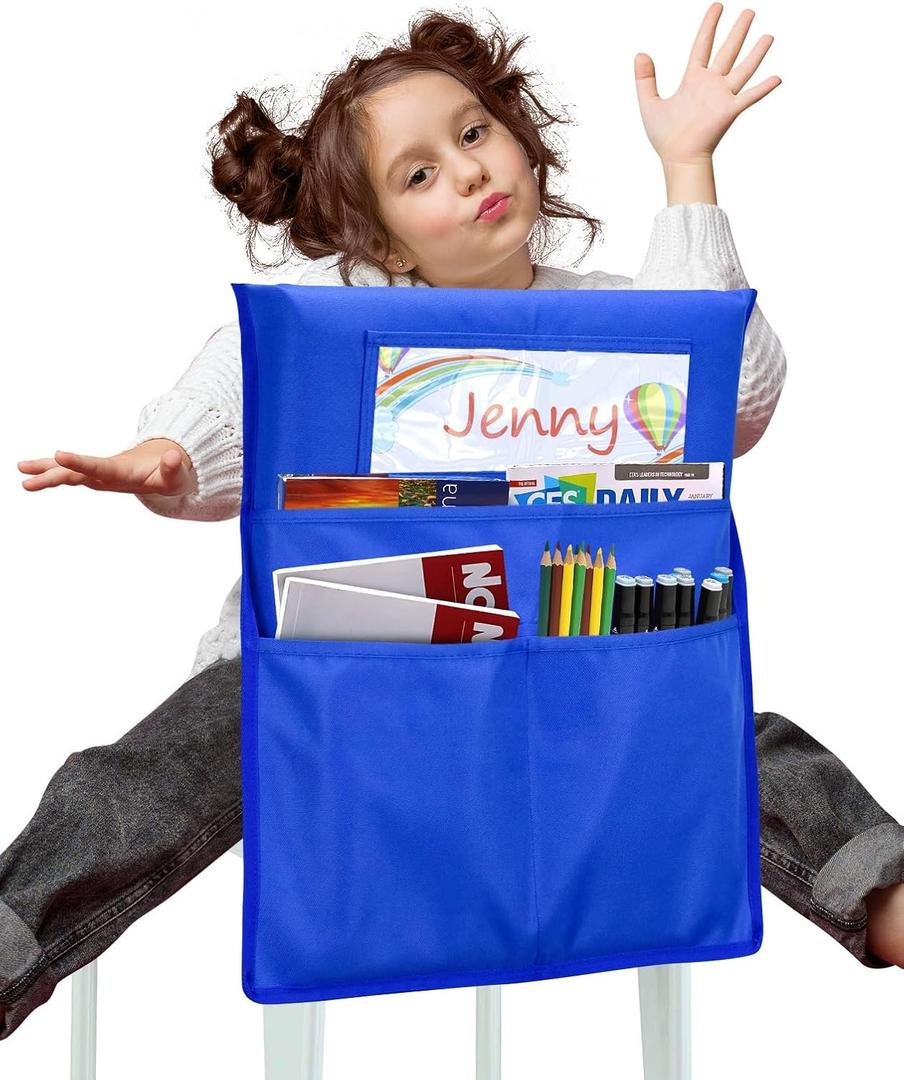 EAONE Chair Pockets for Classrooms, Large Capacity Seat Pockets Organizer 17 x 19, Back of Chair Storage Bag with DIY Name Tags for Student School Classroom Supplies, Blue