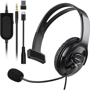 Joso Wired One Ear Headset with Mic, Single Ear Headset for PS5/PS4/Xbox/Switch/PC/iPad/Mac & Tablet with 3.5mm to Type C & USB-A Adapter - Chat Headphone, Office Business, Coach, Gaming, Remote Work Flexible Mic Black