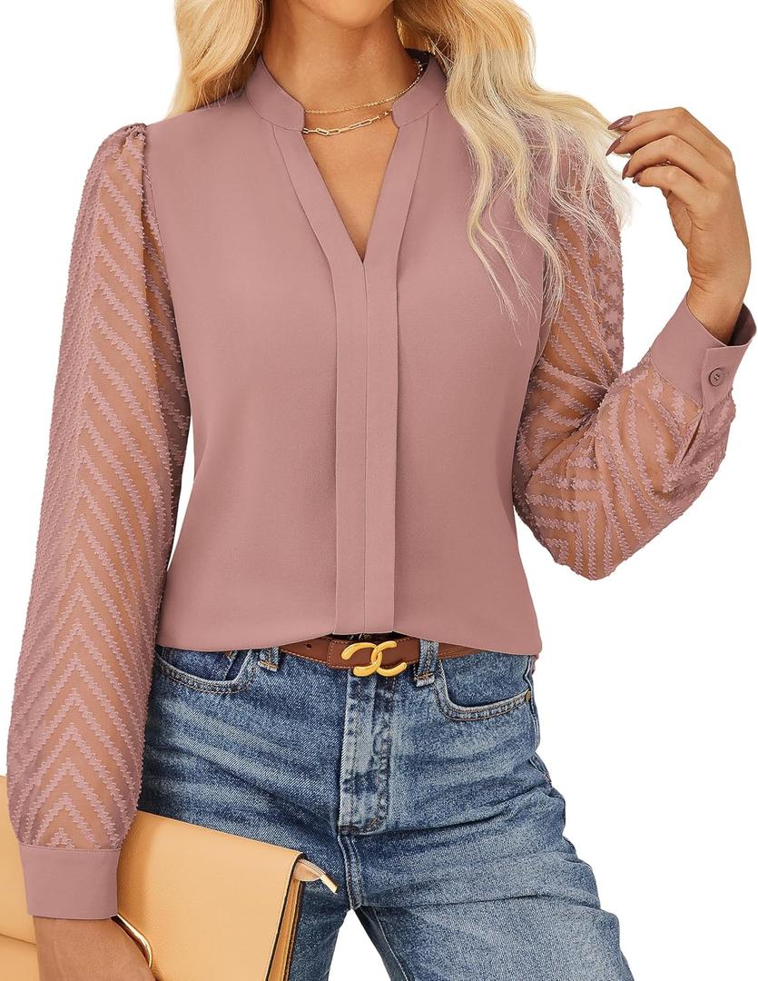 GRACE KARIN Women Business Casual Tops Sheer Lace Long Sleeve Blouses Work Office Pleated V Neck Shirt Fall Formal Outfits (Pink, M)
