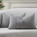 DEZENE Pack of 2 Faux Leather Boucle Throw Pillow Covers 20"x12" Grey Chic Accents Textured Rectangular Lumbar Decorative Pillow Cases for Living Room Couch Bed Farmhouse Boho Home Decor