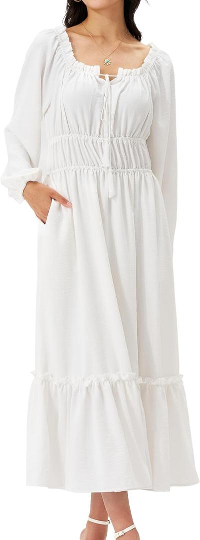 Women's Boho Maxi Dress 2025 Spring Long Puff Sleeve Square Neck A-Line Long Dress with Pockets Wedding Guest Dress (White), XL