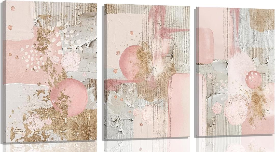 Havplemoy 3Pcs Framed Pink and Gold Canvas Wall Art | Abstract Posters Print Geometric Pictures Decor for Living Room Bedroom Bathroom Home Decoration, 16x24