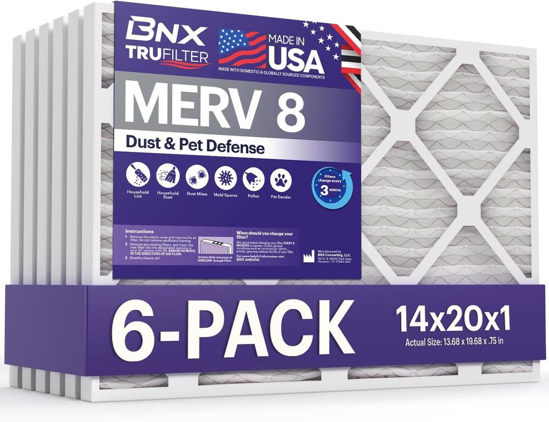 BNX TruFilter 14x20x1 Air Filter MERV 8 (6-Pack) - MADE IN USA  Dust & Pet Defense Electrostatic Pleated Air Conditioner HVAC AC Furnace Filters for Dust, Pet, Mold, Pollen MPR 600  700 & FPR 5