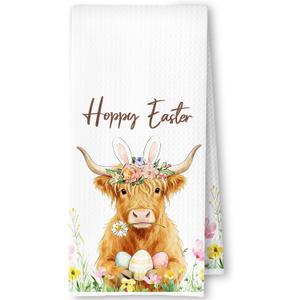 Spring Easter Egg Highland Cow Kitchen Towels, Highland Cow Lover Gifts Dish Tea Towels for Kitchen, Rustic Flower Heifer Decorative Hand Towel for Bathroom, 16x24 Inch