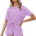 MEROKEETY Women's Short Sleeve Waffle Pajama Sets 2 Piece Lounge Outfits | Basic Top Shirt and Drawstring Pocket Shorts Loose Fit Cozy Soft Two Piece Loungewear Tracksuit Matching Set Outfits (Purple, M)