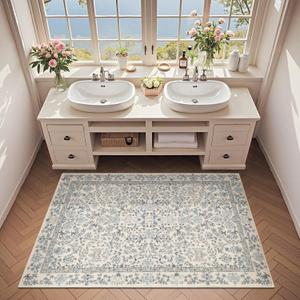 jinchan Zenith Floral 3x5 Area Rug Machine Washable Soft Low-Pile Non-Slip Vintage Botanical Aesthetic Throw Carpet for Entryway Bedroom Kitchen Living Room Nursery Blue/Cream