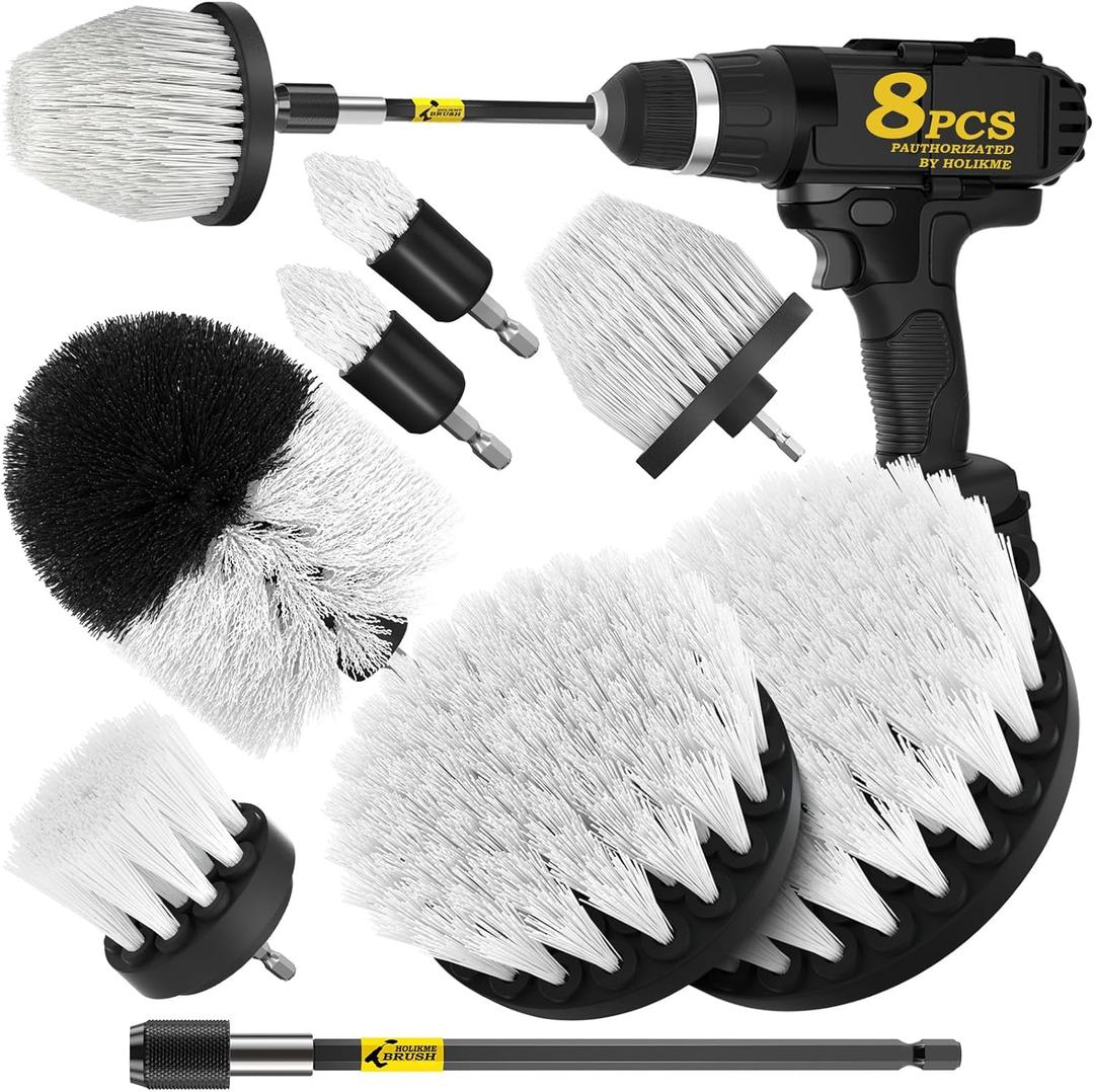 Holikme 8 Piece Drill Brush Attachment Set, Power Scrubber with Extend Long Handle, Cleaning Supplies for Shower, Bathtub, Bathroom, Kitchen (White)
