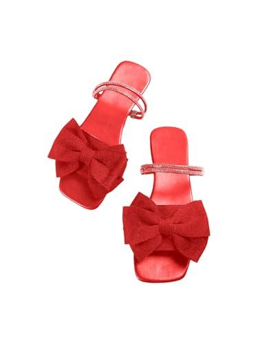 GORGLITTER Women's Bow Flat Sandals Dressy Rhinestone Slides Comfort Sandals Cute Slip On Shoes Red 9