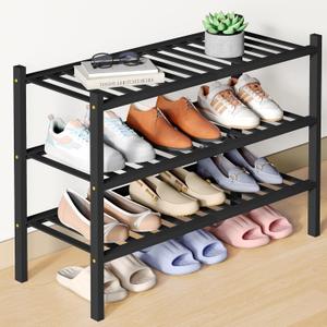 Smiry Bamboo Shoe Rack for Closet, 3 Tier Wooden Stackable Shoe Organizer, Free Standing Shoes Storage Shelf for Entryway, Front Door Entrance, Black