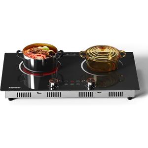 Karinear Electric Cooktop 2 Burner, 110V Electri Stove Top, 2000W Knob Control & Sensor Touch Electric Hot Plate for Countertop or Built-in Install, Timer, Safety Lock, 9 Power Level, 24 Inch