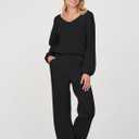 MEROKEETY Women's 2 Piece Outfits Long Sleeve V Neck Knit Pullover Tops and Wide Leg Pant Lounge Set (Black, S)
