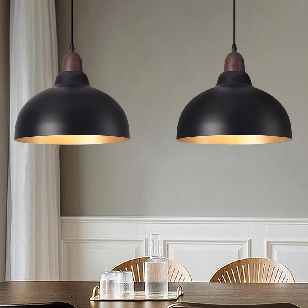 Set of 2 Pcs 11.8" Black Dome Pendant Light, Farmhouse Modern Black and Wood Hanging Pendant Lights Kitchen Island, Vintage Pendant Light Large Dome Chandelier for Kitchen Island, Dining Room