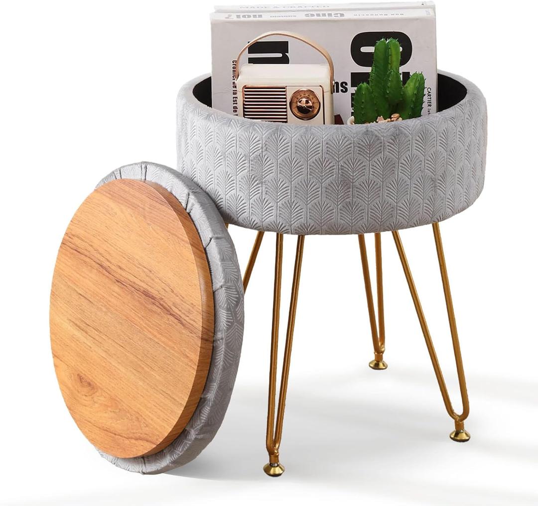 Cpintltr Modern Velvet Foot Rest Stool Upholstered Round Storage Ottomans Multipurpose Dressing Stools Luxury Home Decor Ottoman Coffee Table Top Cover Footstool with Metal Legs for Couch Light Grey