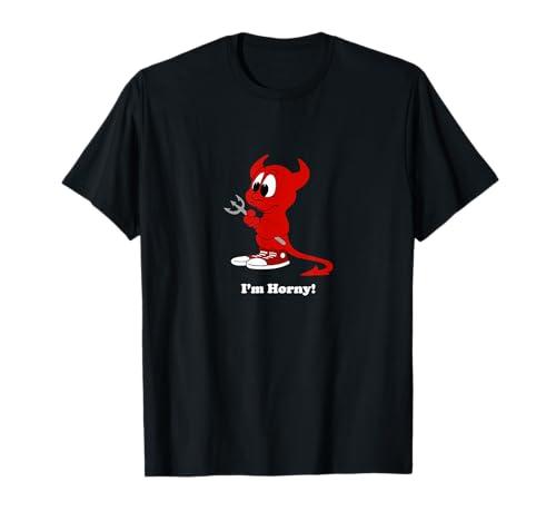 Funny Sarcastic I'm Horny Cute Red Devil With Horns T-Shirt, size 4XLT