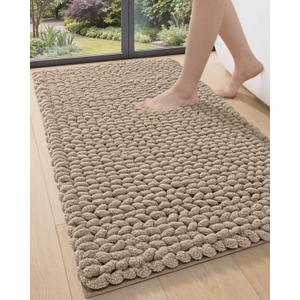 DEXI Bathroom Rugs 24x43, Non Slip Washable Bath Mat, Luxury Chenille Super Absorbent Ultra Thick Bathmats for Shower Floor, Plush Fluffy Shaggy Carpet for Tub, Beige
